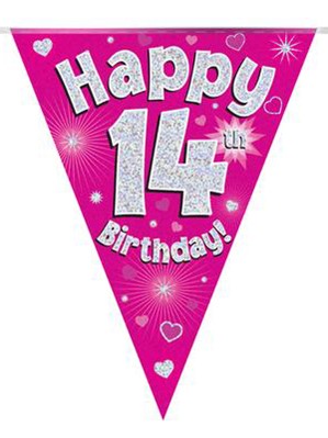 Pink Happy 14th Birthday Holographic Flag Banner
