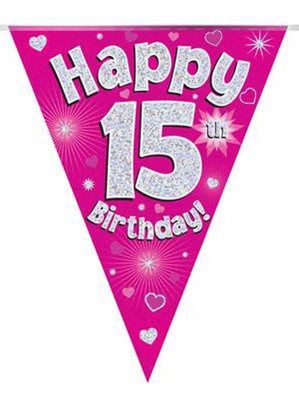 Pink Happy 15th Birthday Holographic Flag Banner