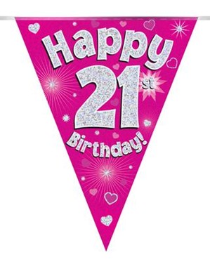 Pink Happy 21st Birthday Holographic Flag Banner