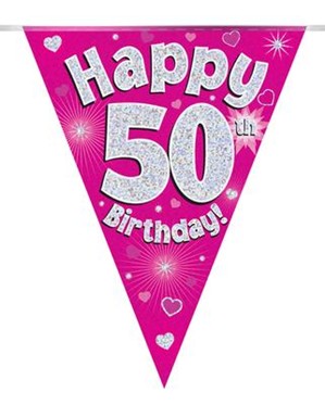 Pink Happy 50th Birthday Holographic Flag Banner