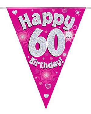 Pink Happy 60th Birthday Holographic Flag Banner