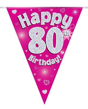 Pink Happy 80th Birthday Holographic Flag Banner