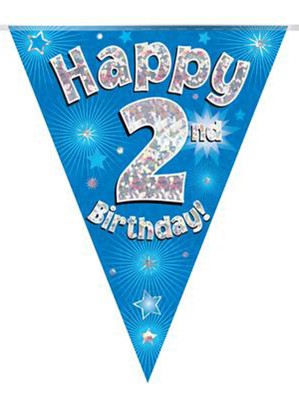 Blue Happy 2nd Birthday Holographic Flag Banner