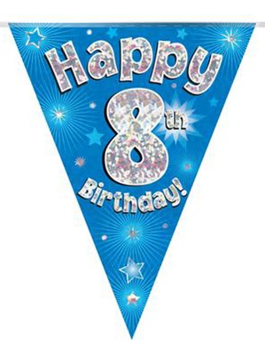 Blue Happy 8th Birthday Holographic Flag Banner