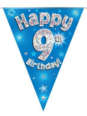 Blue Happy 9th Birthday Holographic Flag Banner