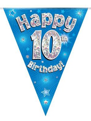 Blue Happy 10th Birthday Holographic Flag Banner