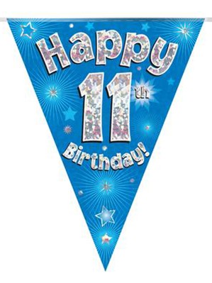 Blue Happy 11th Birthday Holographic Flag Banner