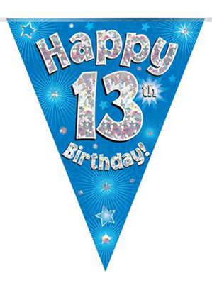 Blue Happy 13th Birthday Holographic Flag Banner
