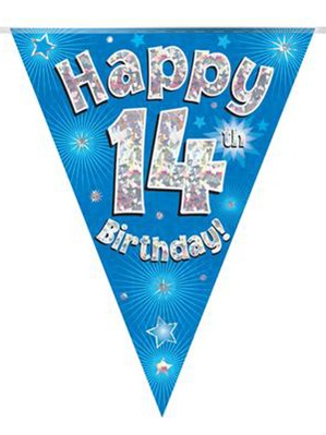 Blue Happy 14th Birthday Holographic Flag Banner
