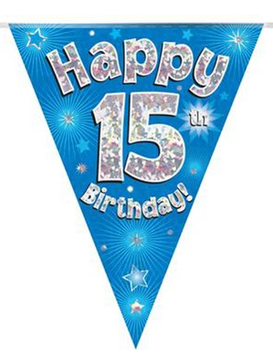 Blue Happy 15th Birthday Holographic Flag Banner