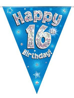 Blue Happy 16th Birthday Holographic Flag Banner