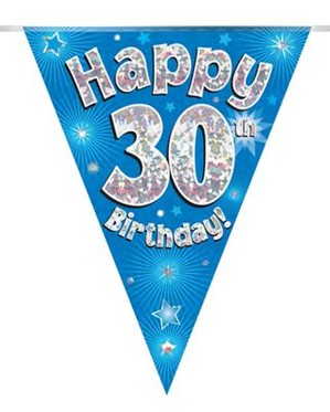 Blue Happy 30th Birthday Holographic Flag Banner