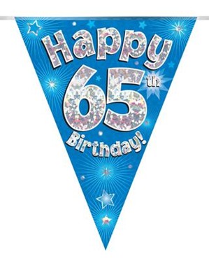 Blue Happy 65th Birthday Holographic Flag Banner