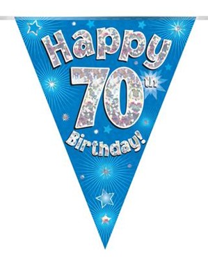 Blue Happy 70th Birthday Holographic Flag Banner