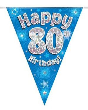 Blue Happy 80th Birthday Holographic Flag Banner