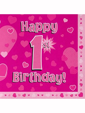 Happy 1st Birthday Pink Hearts Luncheon Napkins 16pk