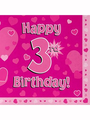Happy 3rd Birthday Pink Hearts Luncheon Napkins 16pk
