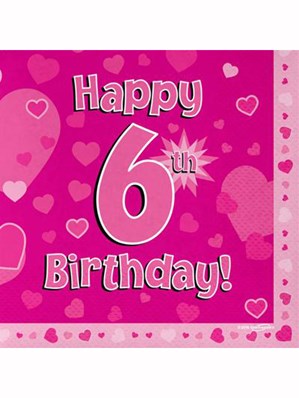 Happy 6th Birthday Pink Hearts Luncheon Napkins 16pk