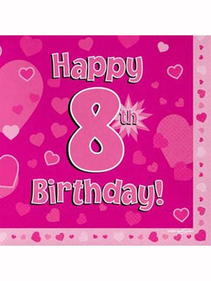 Happy 8th Birthday Pink Hearts Luncheon Napkins 16pk