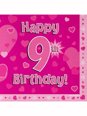 Happy 9th Birthday Pink Hearts Luncheon Napkins 16pk
