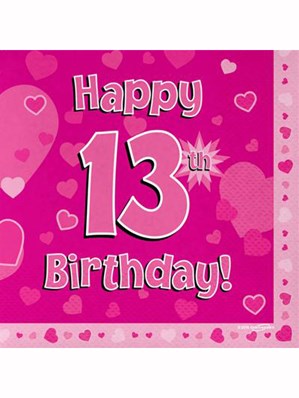 Happy 13th Birthday Pink Hearts Luncheon Napkins 16pk