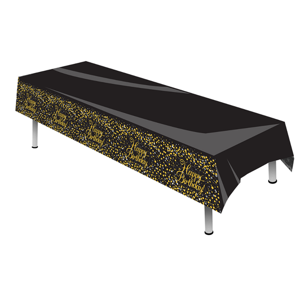 Sparkling Fizz Black & Gold Happy Birthday Reusable Tablecover