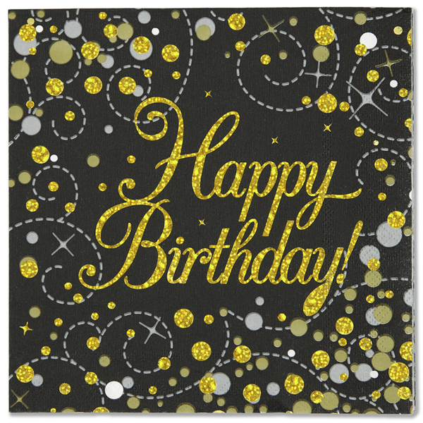 Sparkling Fizz Black & Gold Happy Birthday Napkins 16pk