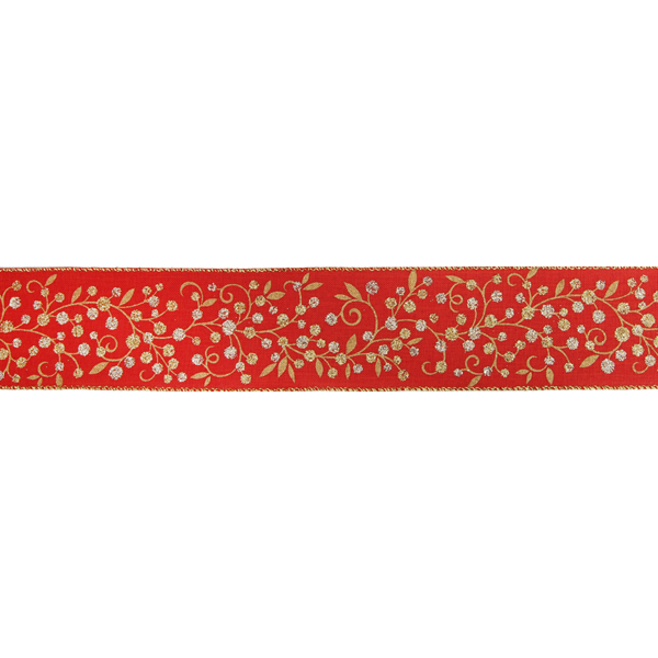 Red & Gold Glitter Berries Wired Edge 63mm Ribbon 10yds