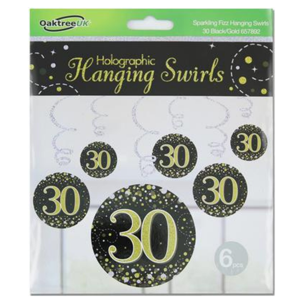 Black & Gold Sparkling Fizz 30th Birthday Hanging Swirls 6pk