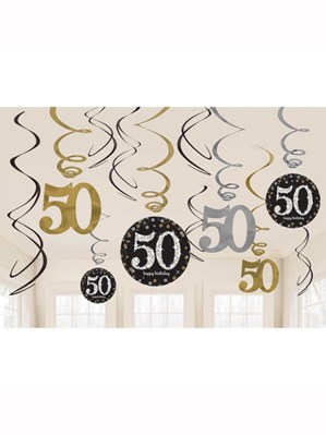 Gold Celebration 50th Birthday Hanging Swirl Decorations 12pk