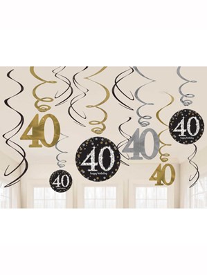 Gold Celebration 40th Birthday Hanging Swirl Decorations 12pk