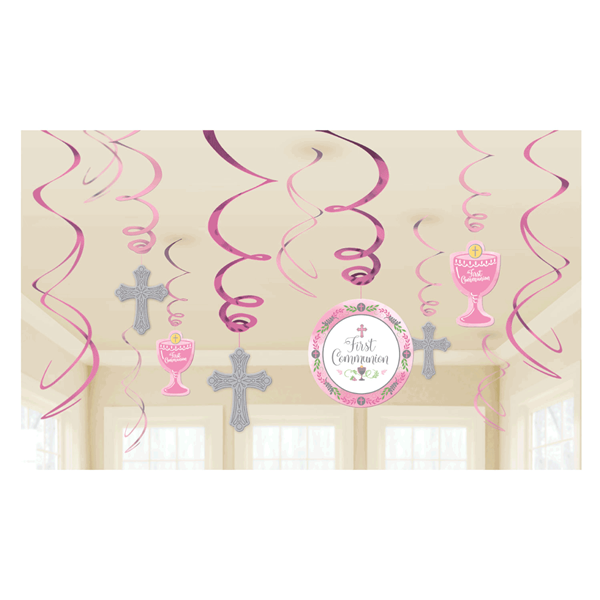 First Communion Pink Swirl Hanging Party Decorations 12pce