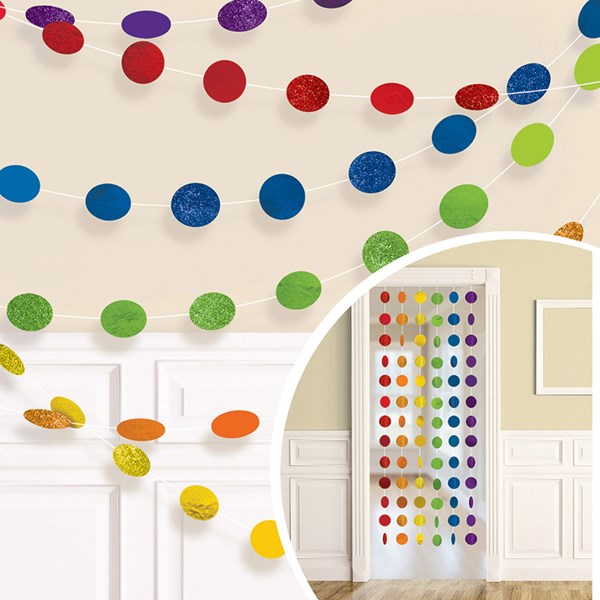 Rainbow Glitter Dots Hanging String Decorations 6pk