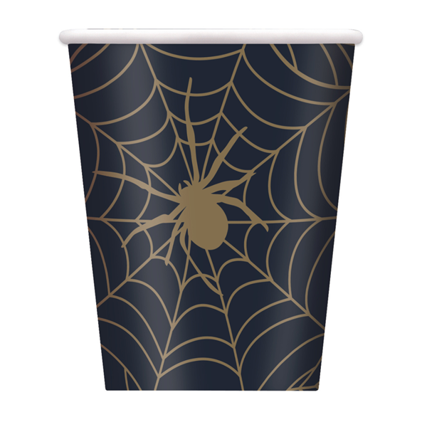Halloween Black & Gold Spider Web 9oz Cups 8pk