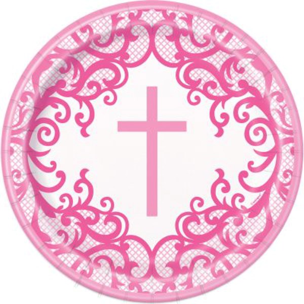 Pink Cross 9" Round Paper Plates 8pk