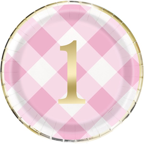 Pink Gingham 1st Birthday 9" Paper Plates 8pk