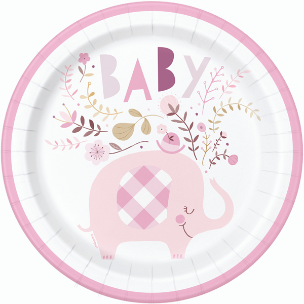 Pink Baby Elephant 9" Round Paper Plates 8pk