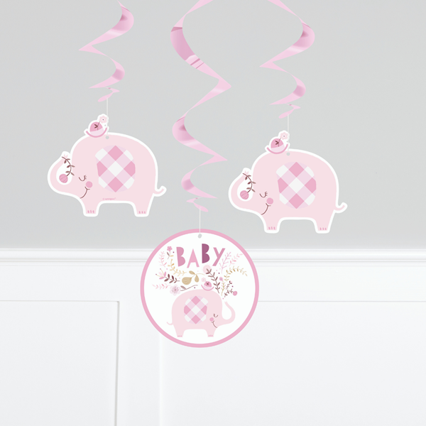 Pink Baby Elephant 26" Hanging Swirl Decorations 3pk