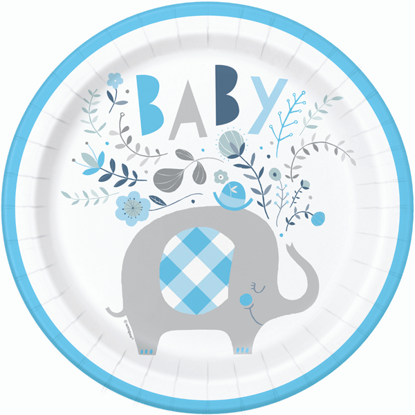 Blue Baby Elephant 9" Round Paper Plates 8pk