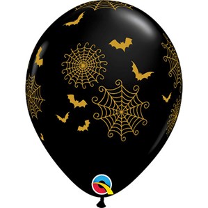 Halloween Spider Webs and Bats 11" Black Latex Balloons 25pk