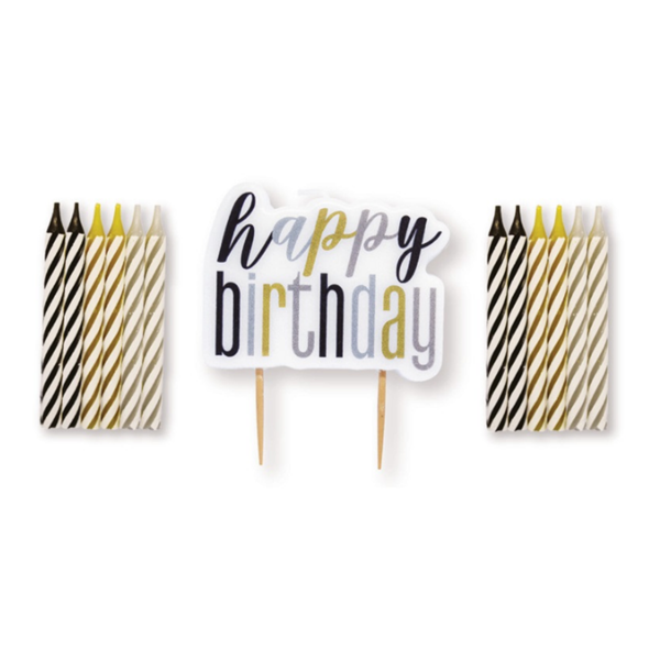 Black Glitz Happy Birthday Pick & 12 Candles