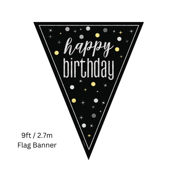 NEW Black Glitz Happy Birthday Prismatic Foil Flag Banner 9ft