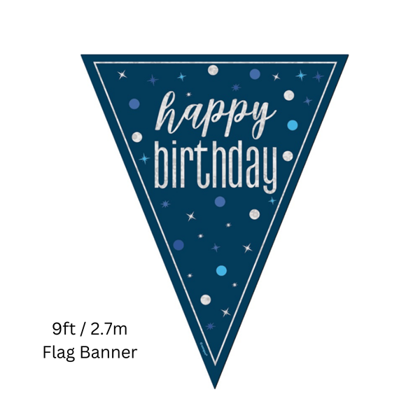 NEW Blue Glitz Happy Birthday Prismatic Foil Flag Banner 9ft