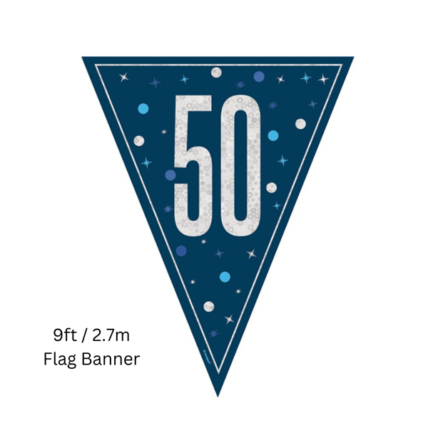 NEW Blue Glitz Age 50 Prismatic Foil Flag Banner 9ft