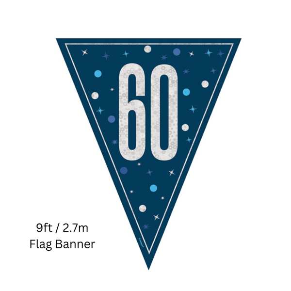 NEW Blue Glitz Age 60 Prismatic Foil Flag Banner 9ft