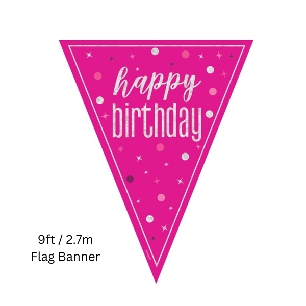 NEW Pink Glitz Happy Birthday Prismatic Foil Flag Banner 9ft