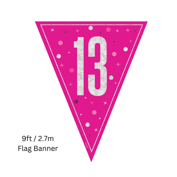 NEW Pink Glitz Age 13 Prismatic Foil Flag Banner 9ft