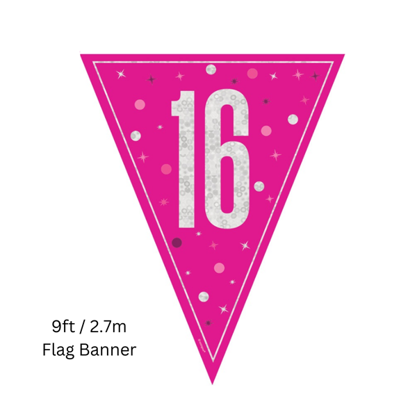 NEW Pink Glitz Age 16 Prismatic Foil Flag Banner 9ft