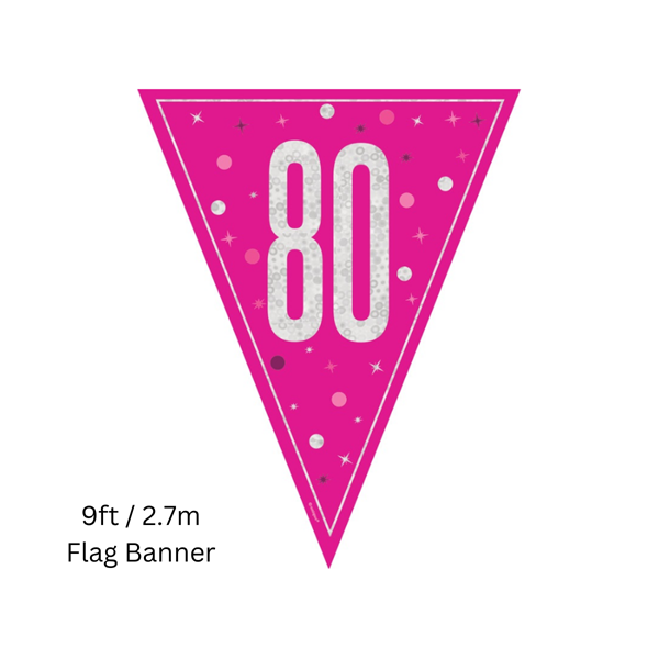 NEW Pink Glitz Age 80 Prismatic Foil Flag Banner 9ft