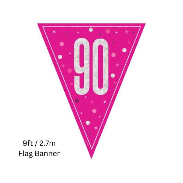 NEW Pink Glitz Age 90 Prismatic Foil Flag Banner 9ft
